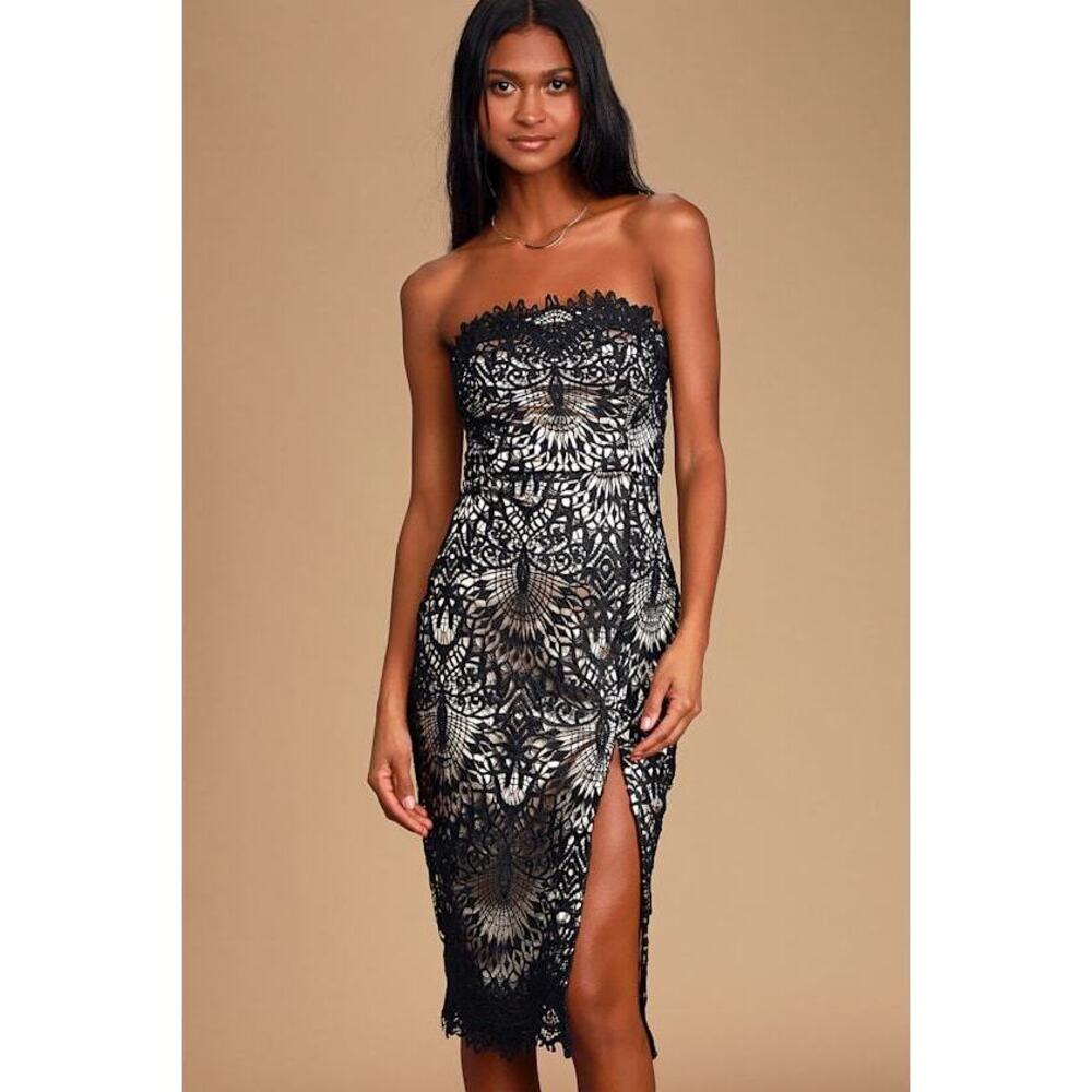 Lulus Knockout And About Black Crochet Lace Strapless Midi Dress - Size M